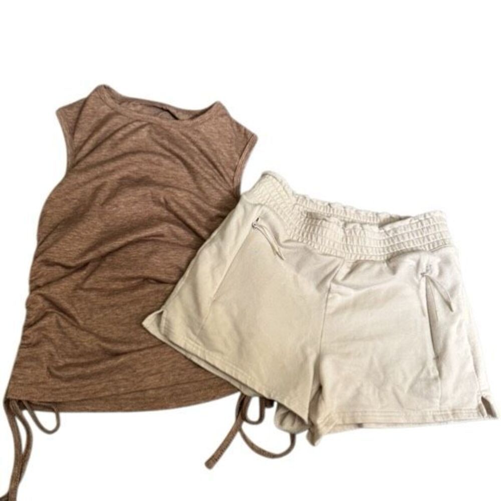FLX Ivory Shorts Brown Ruched Side Tie Tank Cozy Athleisure Set XS